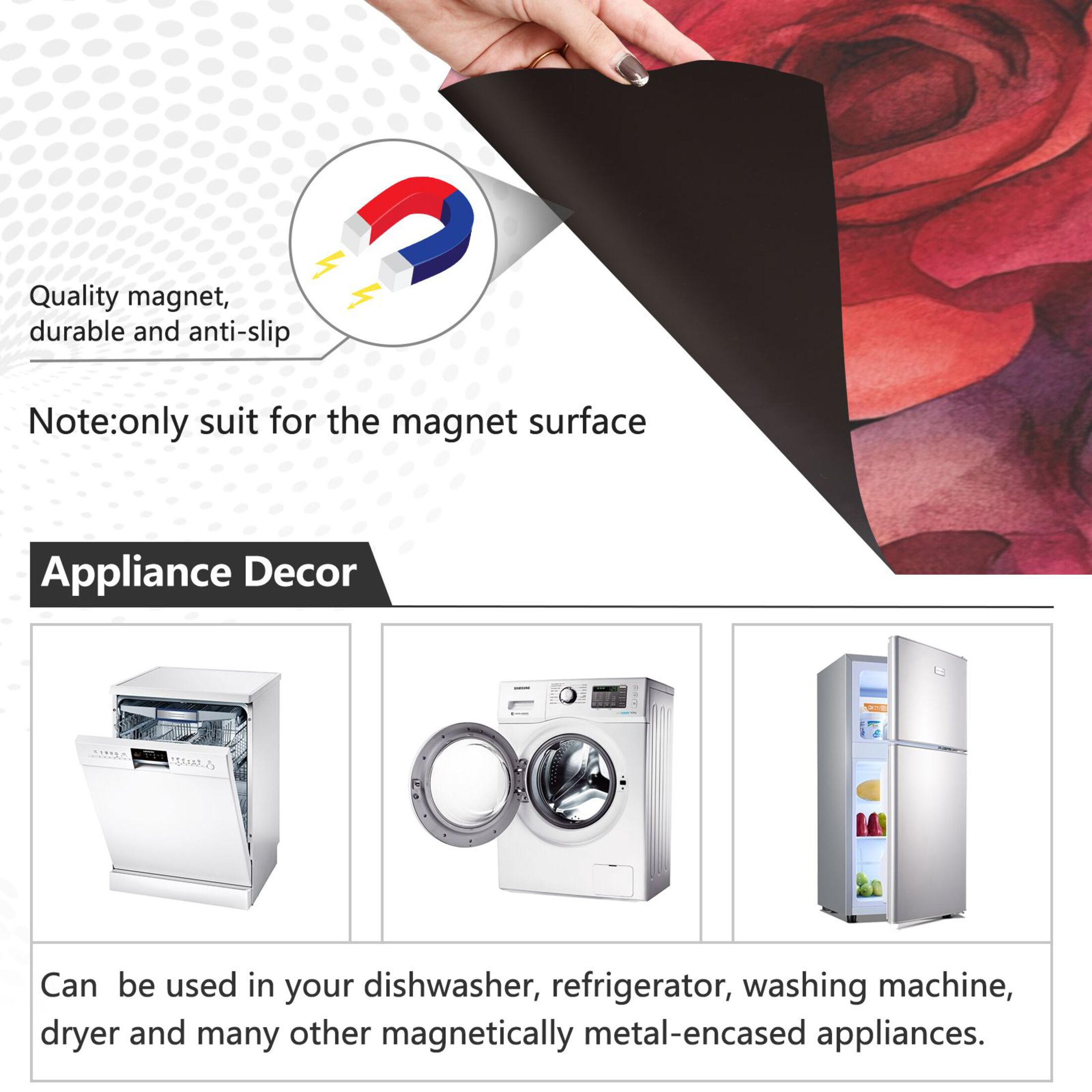 Dishwasher Magnetic Sticker 23x26 Inch Refrigerator Magnetic Sticker Washing Machine Magnetic Sticker Kitchen Panel Magnetic Sticker Home Decor Cartoon Red Roses