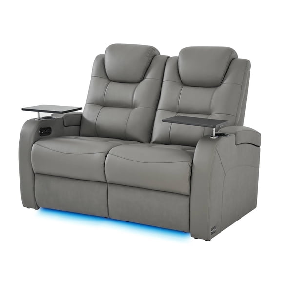 comfiroom Home Theater Seating Simple Style Seats Top Grain Leather Loveseat Recliner Chair Dual Power Movie Theater Chairs Gaming Sofa Electric Headrest with Tray Table (Grey, Row of 2 Loveseat)