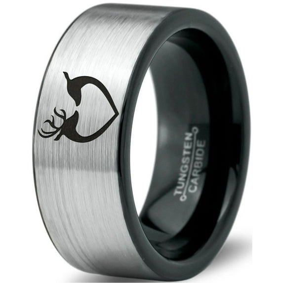 Tungsten Deer Love Band Ring 8mm Men Women Comfort Fit Brushed Gray Flat Cut Black Polished