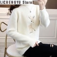 thumbnail image 2 of Nuevo suéter de cuello alto navideño con bordado de ciervo para mujer, jersey de cachemira sintética de visón, jersey cálido, elegante, para fiestas nocturnas y año nuevo, 2 of 5