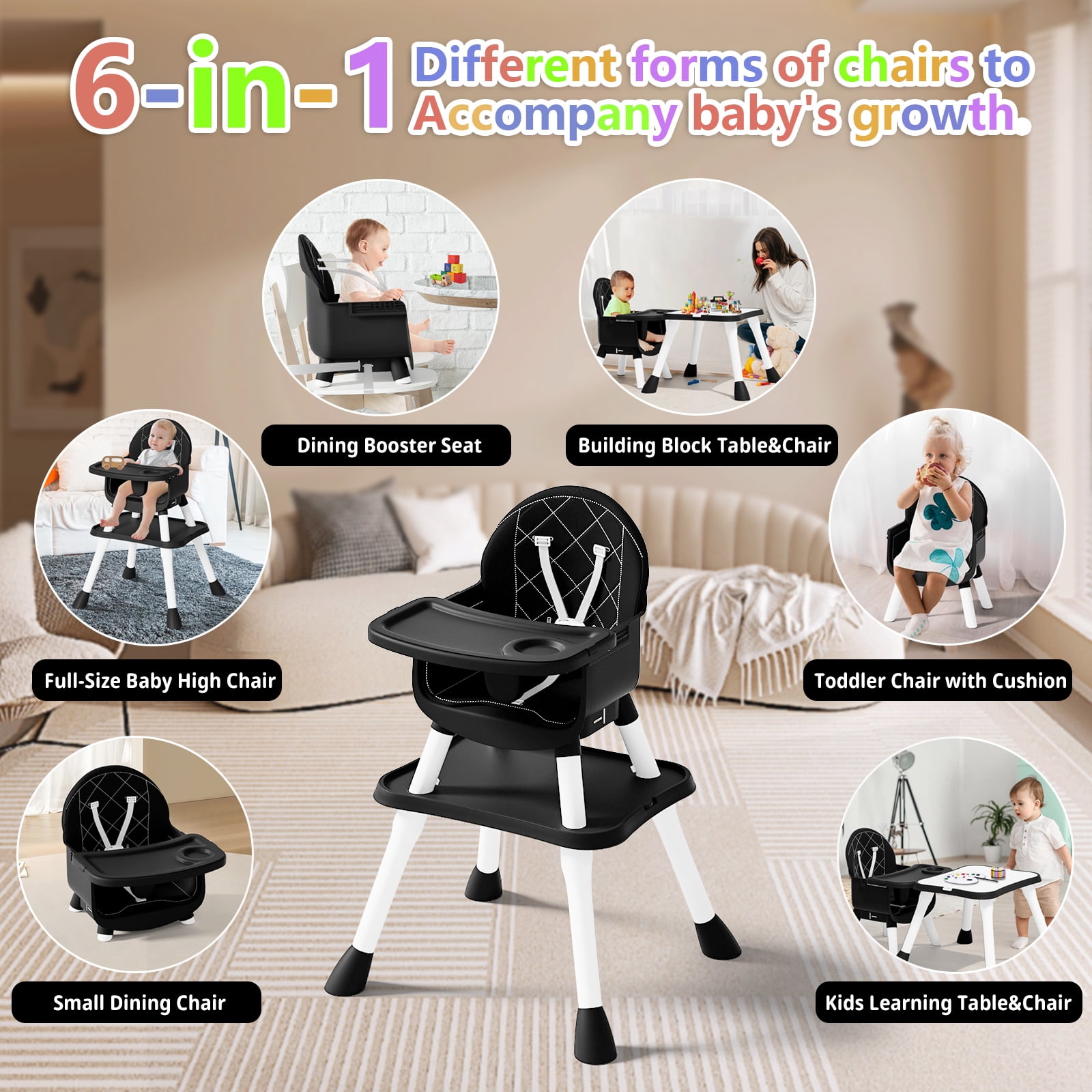 Baby High Chair 6 in 1 Convertible Highchair for Babies and Toddlers Booster Seat Floor Seat Function