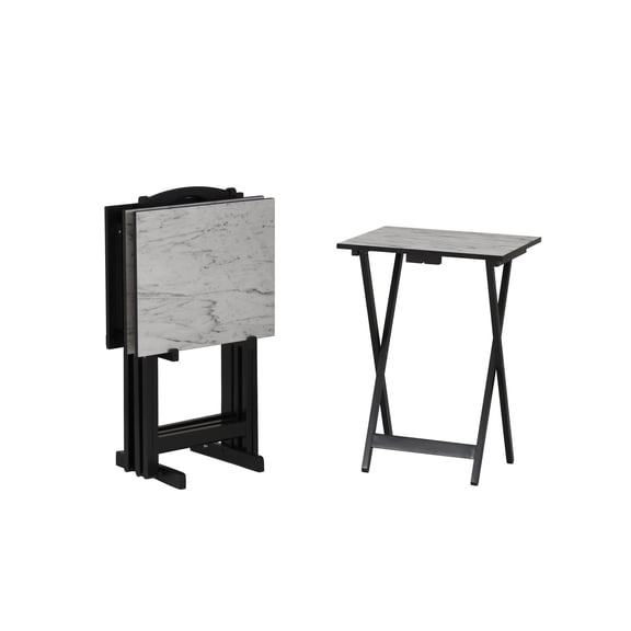 Linon Five Piece Faux Marble Folding Tray Table Set with Stand in Black Wood