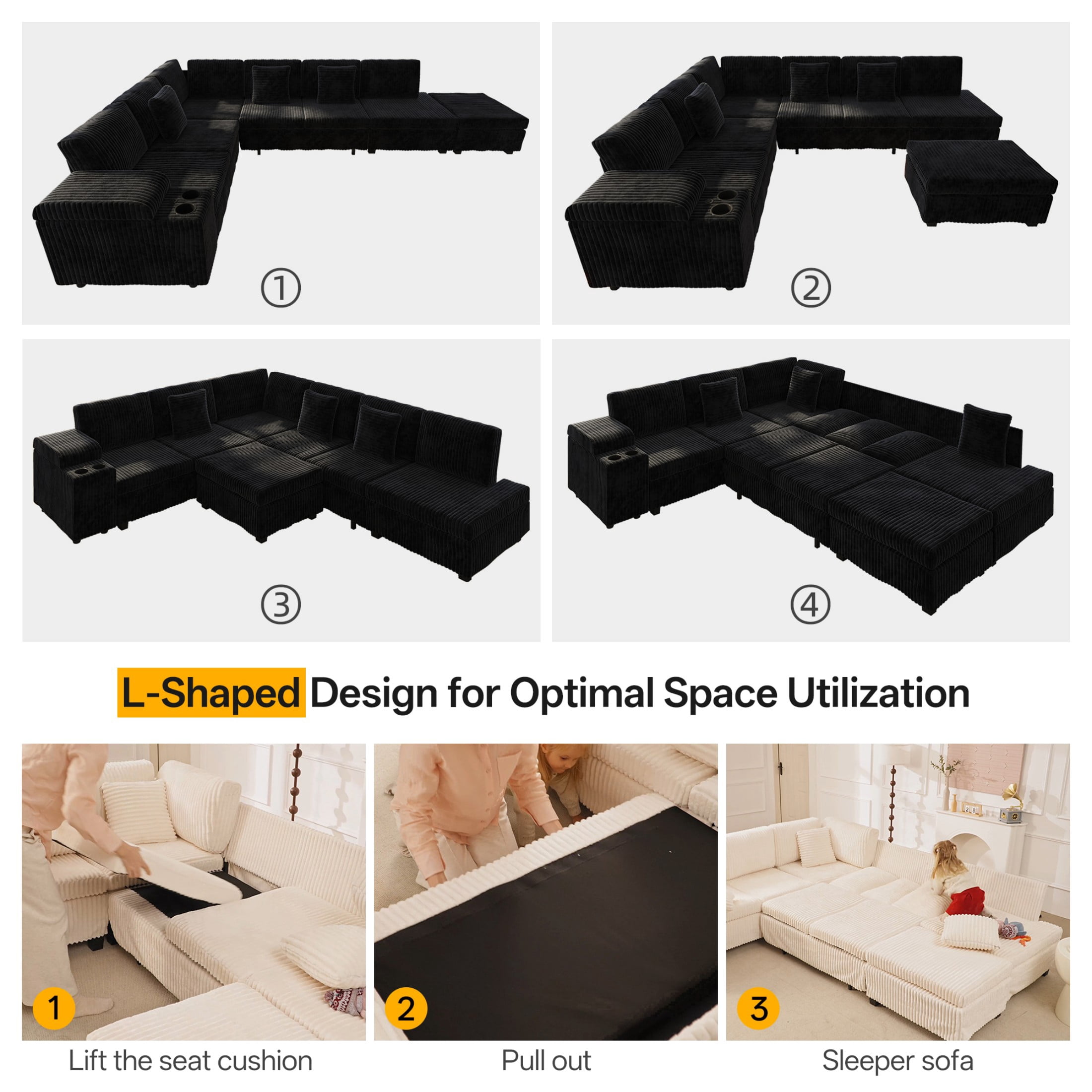 LLappuil 110" Sectional Sofa, Modular Sectional Couch Convertible Sofa Bed, 7 Seat Corduroy Sofa Couch with Movable Ottoman, Hidden Armrest Storage & USB Charging Ports Black