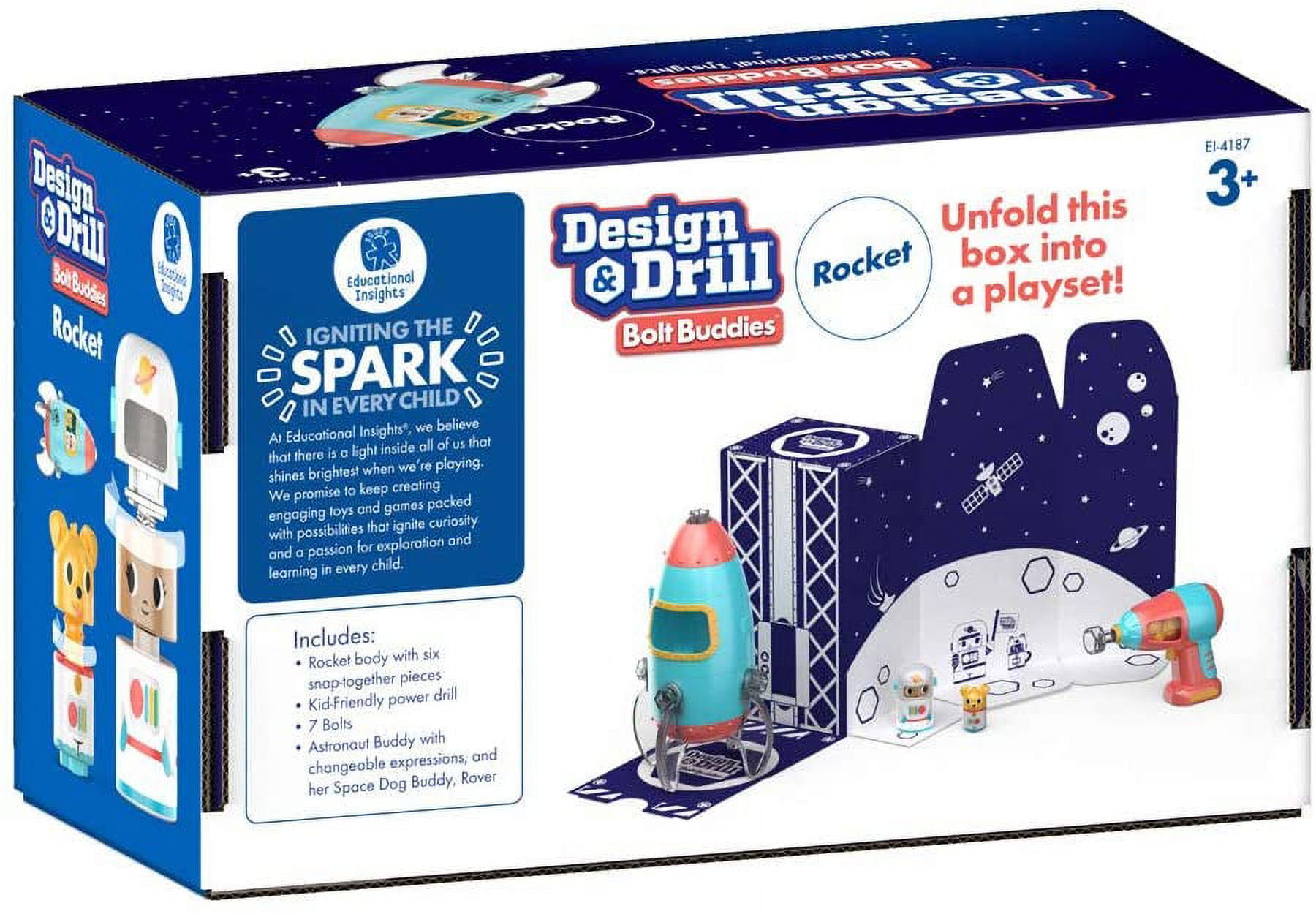 Educational Insights Design & Drill Bolt Buddies Rocket Play Set Take Apart Toys with Electric Drill & 15 Pieces, STEM Toy for Ages 3+