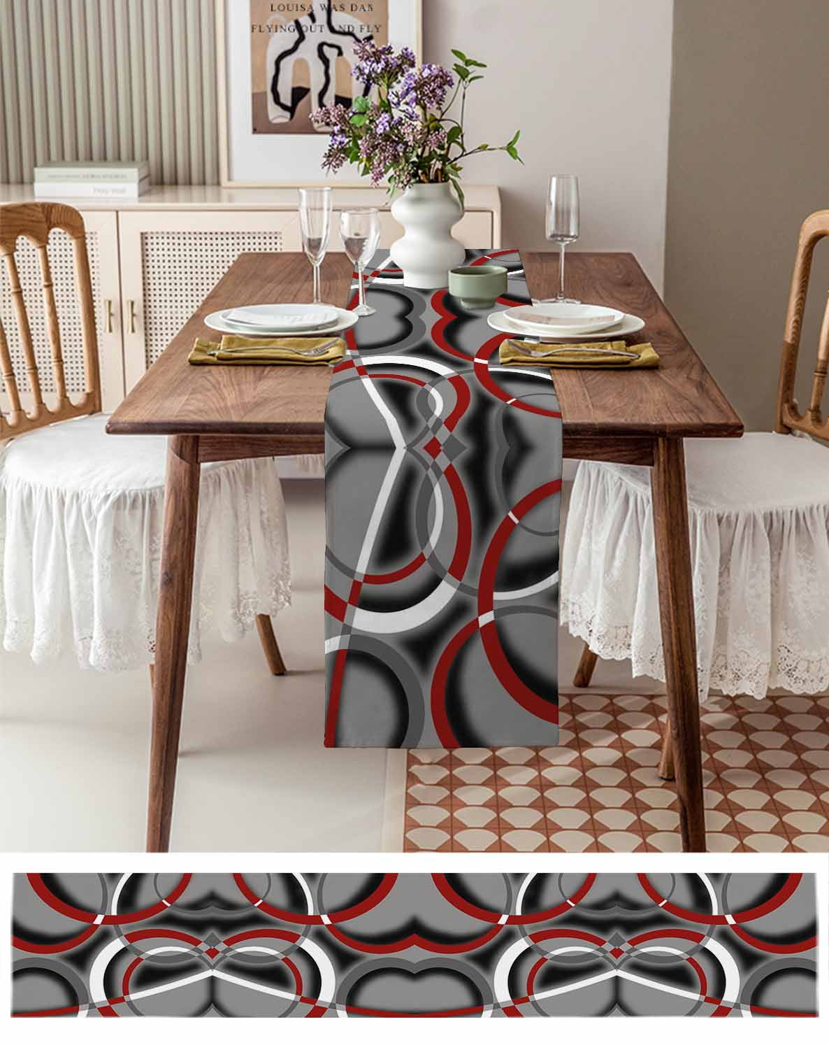 Grey Geometric Table Runner 72 Inches, Modern Abstract Black White Red Striped Bed Runner Dresser Scarves Tabletop for Indoor Outdoor Parties/Ceremony/Banquet, 16" x 72"