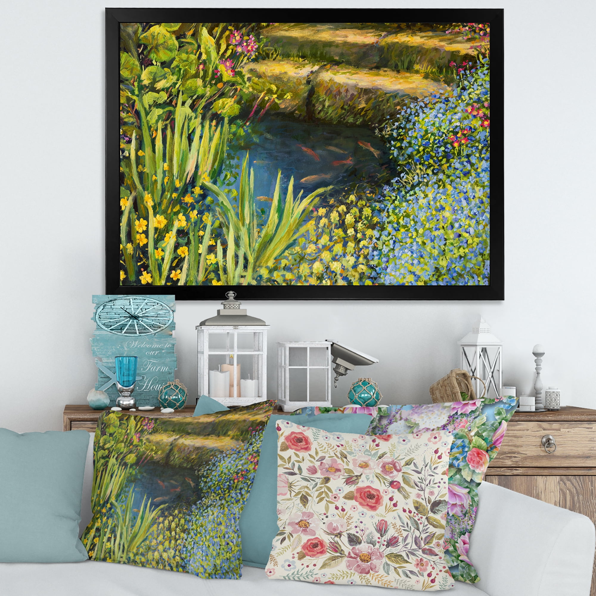 Designart 'Colorful Silence Flowers At The Lake Side' Lake House Framed Art Print