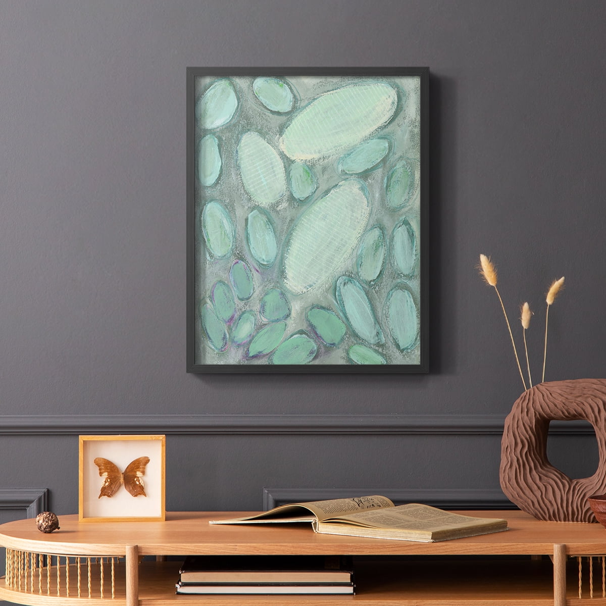 Blue Orbs II Framed Print in Black Solid Wood Framed Print No Nail Hanging