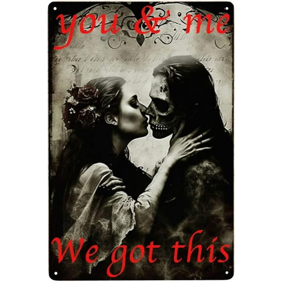 Gothic Bride Metal Tin Sign 8x12in - Skeleton Kiss Wall Art for Bars & Weddings, Vintage Romance Quotes with Gloomy Aesthetic (Halloween Party Decor)