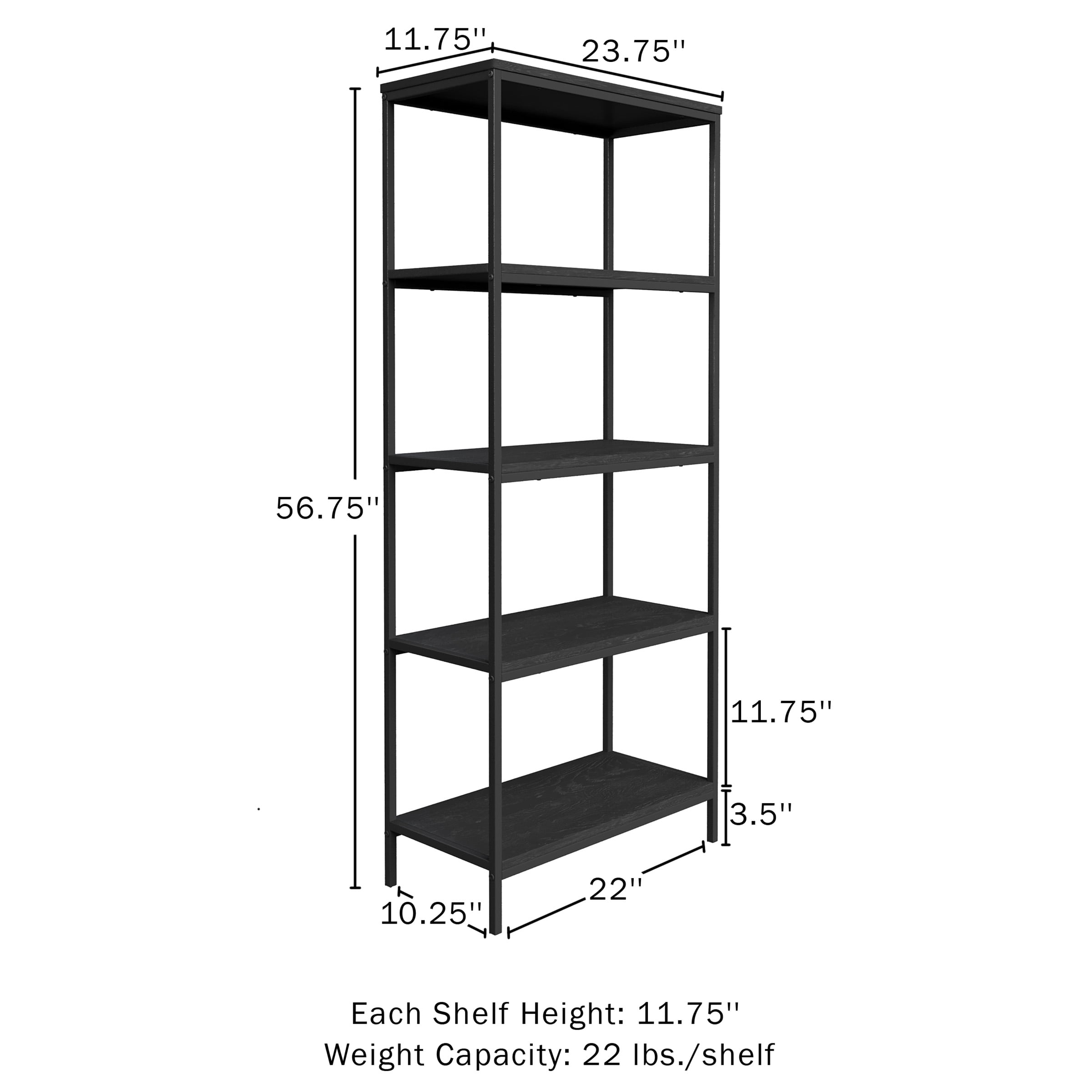 Lavish Home 5-Tier Bookshelf - Industrial Shelving Unit, Black Woodgrain