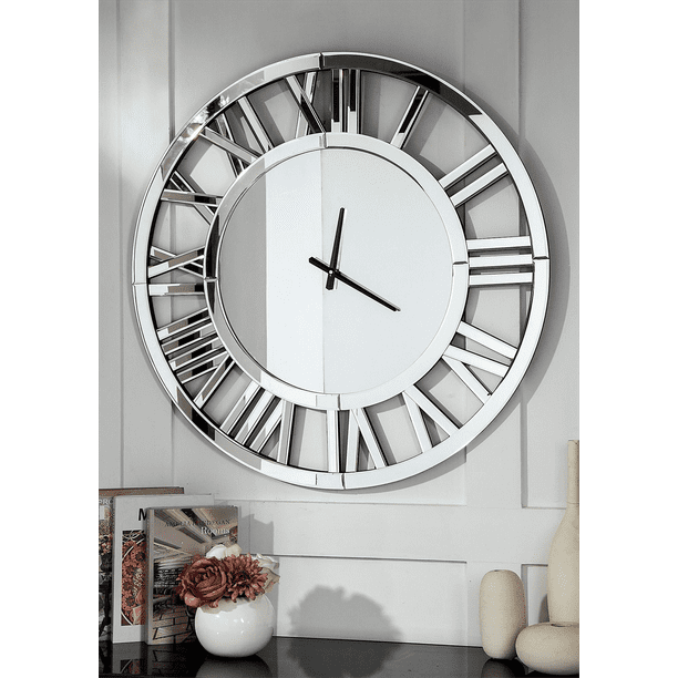 Round Mirror Wall Clock 32" Modern Large Clocks Mirrored Wall Decor