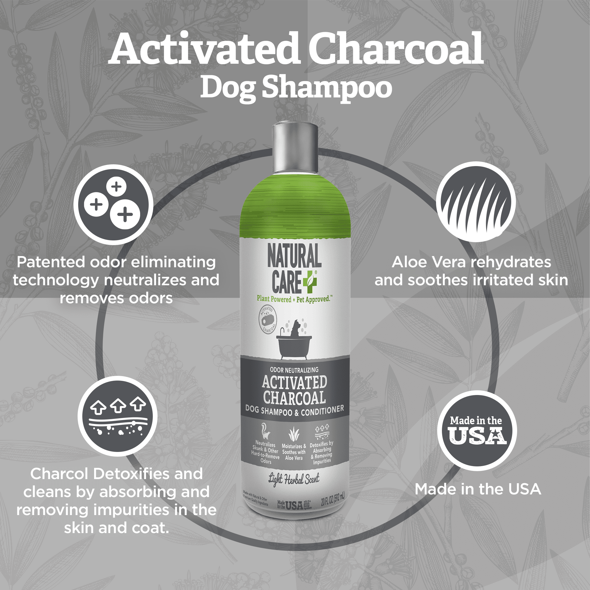 Natural Care Charcoal Shampoo for Dogs - Light Herbal Scent- 20oz.
