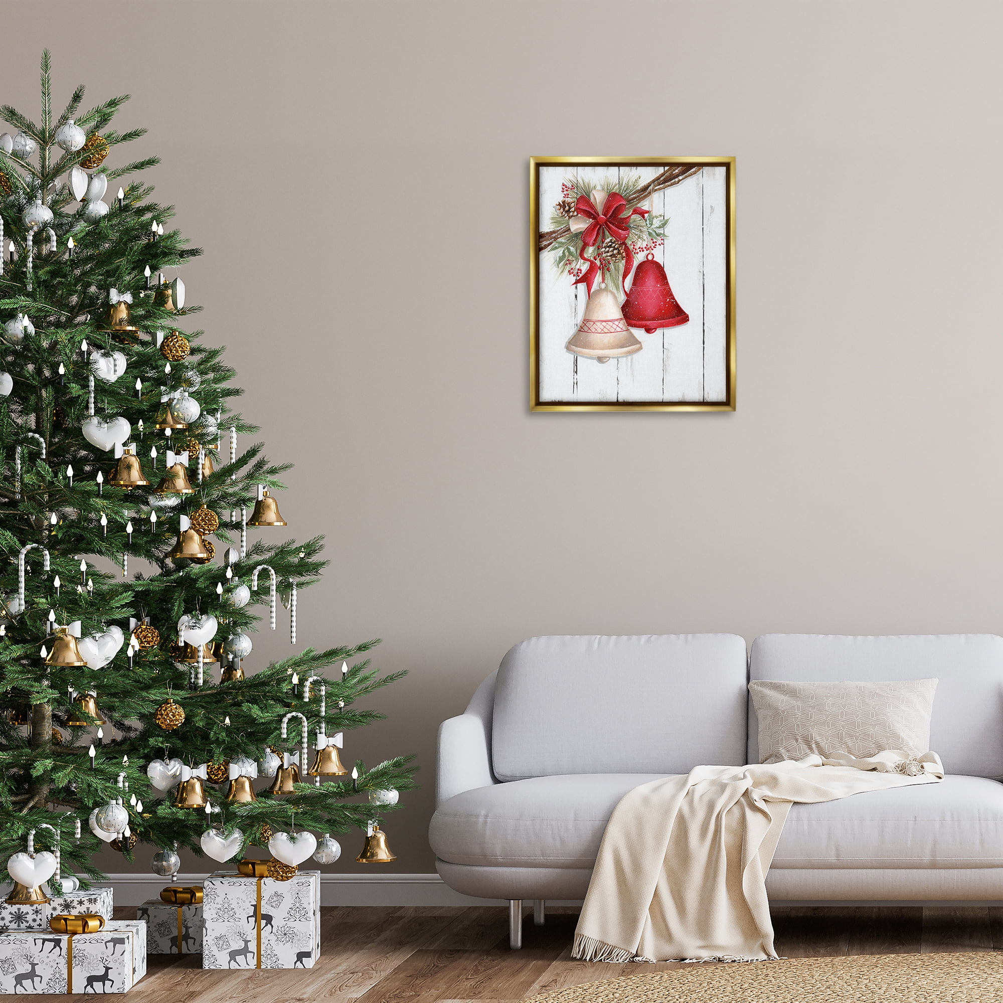 Stupell Industries Rustic Winter Bells Holiday Painting Gold Floater Framed Art Print Wall Art, 25 x 31