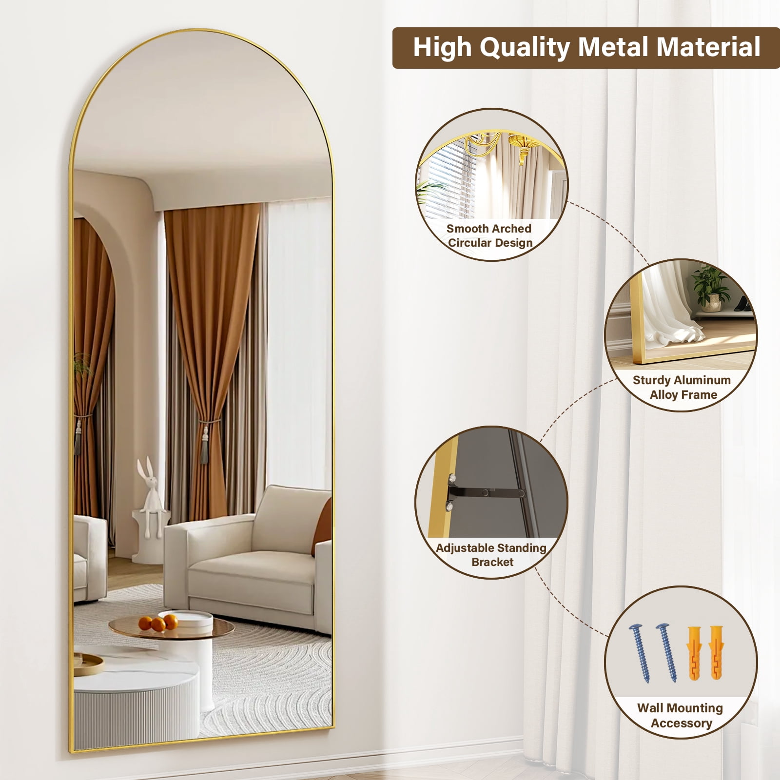 AUROMIR 59"x16" Arched Full Length Standing Full Body Floor Mirror,Gold