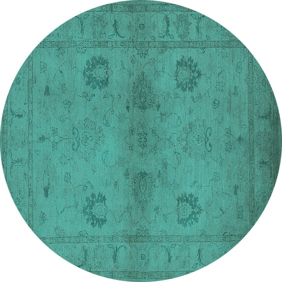 Ahgly Company Machine Washable Indoor Round Oriental Turquoise Blue Industrial Area Rugs, 7' Round