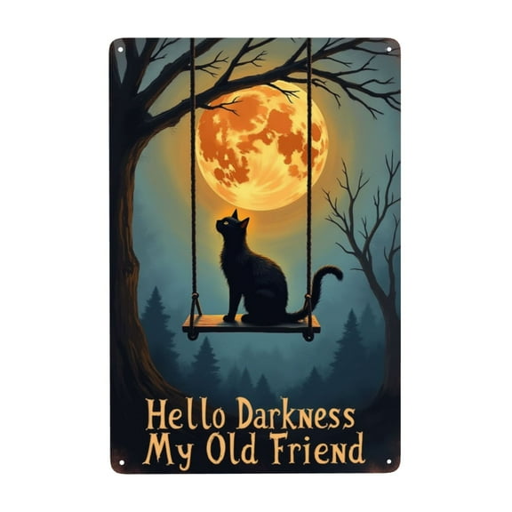 Vintage Wall Decor Metal Plaque Black Cat Hello Darkness My Old Friend Iron Painting Wall Decor Wall Art Nostalgic Tin Sign For Home Cofe Kitchen Pub Bar 12X8 In Birthday Gifts Women Father'S Day