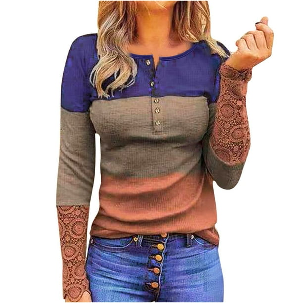 Mujeres Sexy Raya Impresión Encaje Costura Manga larga O-cuello Camisas Blusa Tops Fridja hj3204