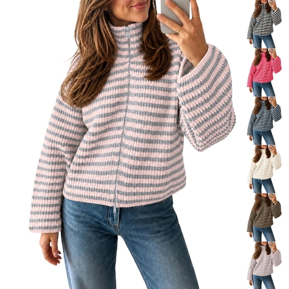 UDAUDU Womens Zip Up Sweaters Striped Mock Neck 2026 Fall Trendy Casual Long Sleeve Loose Fit Knit Cardigan Tops L