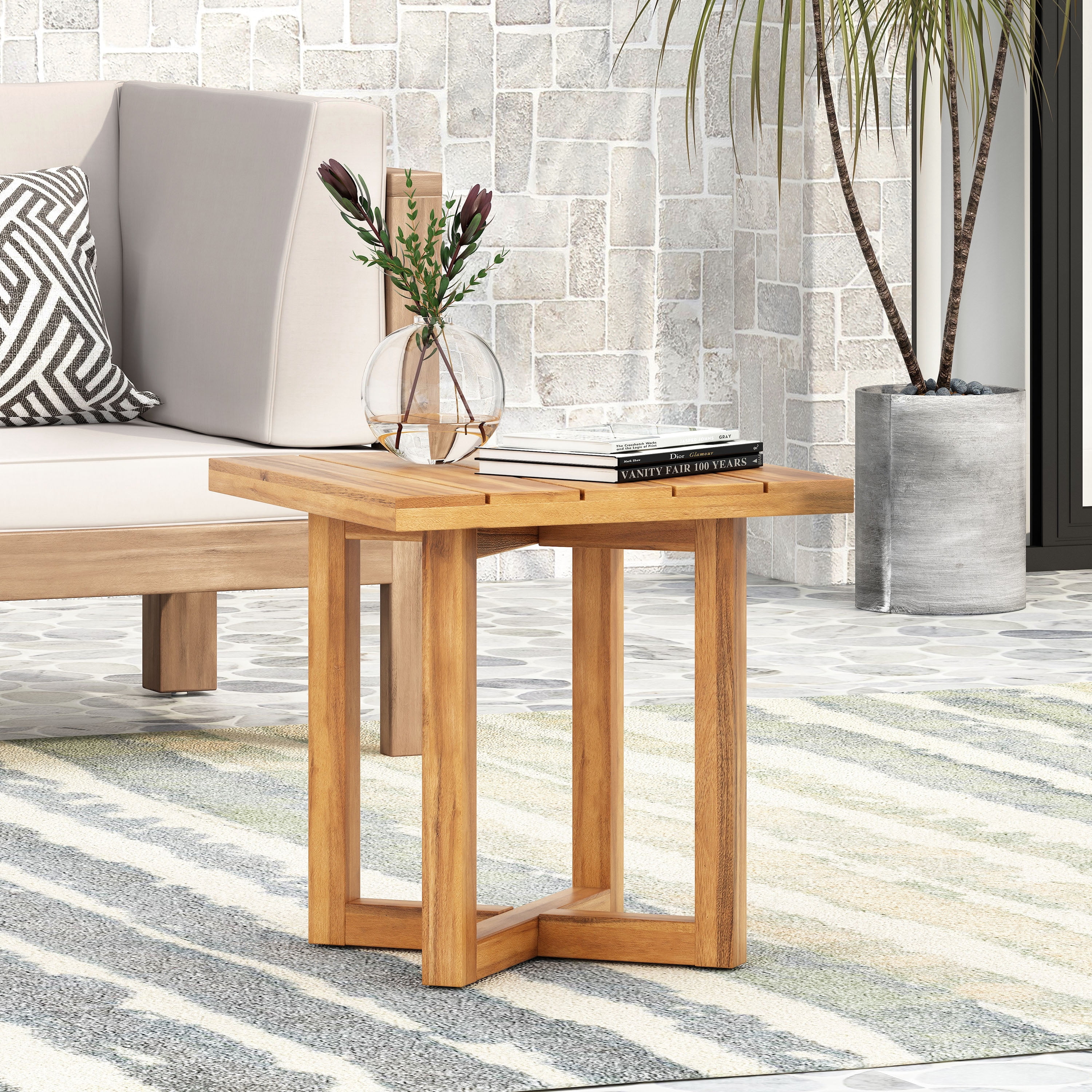 Outdoor Square End Table, Acacia Wood Accent Side Table for Patio Garden, Teak