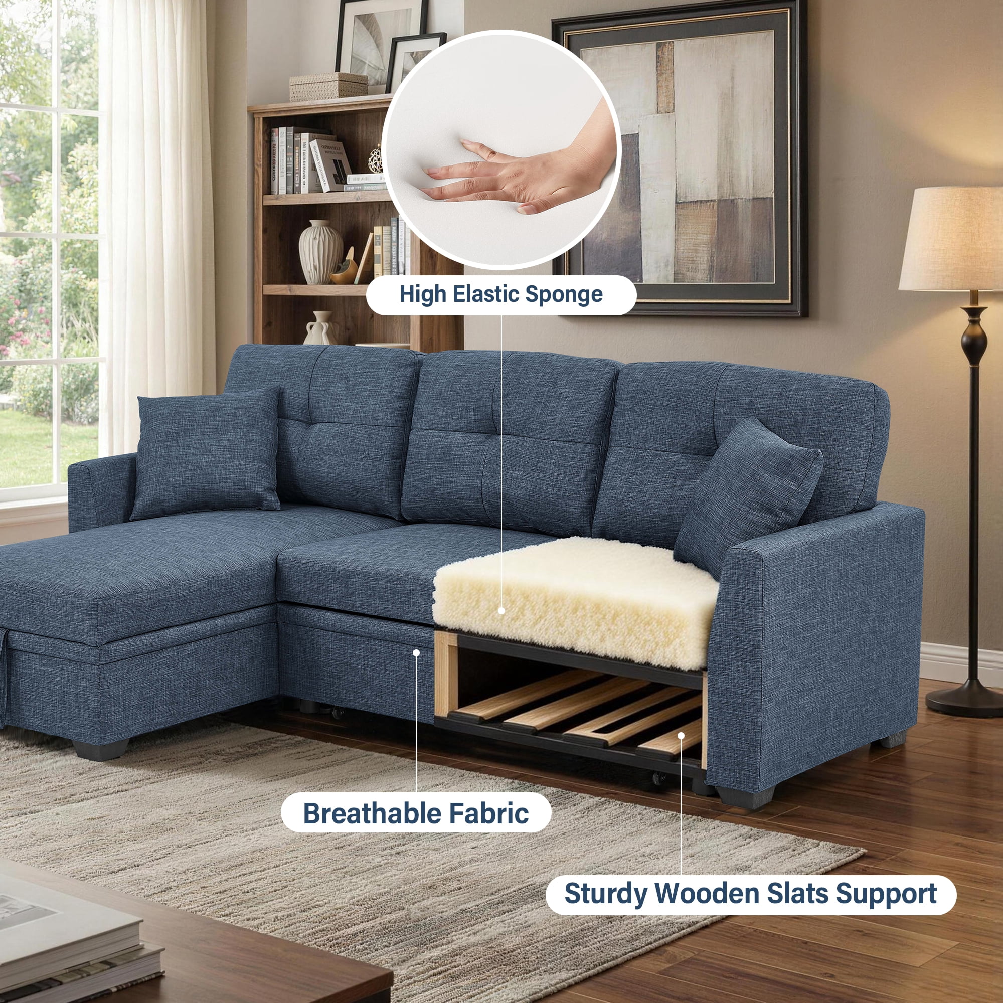 AENKYO Convertible L-Shaped Sectional Sofa Sleeper with Pull-Out Bed and Storage Chaise, Linen Upholstered Couch for Living Room，Blue