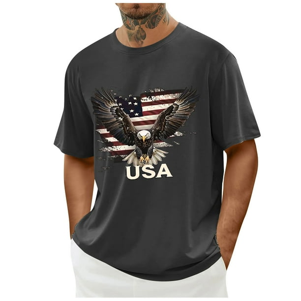 Tops para hombre, blusas y camisas de cuello redondo y manga corta para hombre. Top/camisa de cuello redondo y manga corta con estampado del Día de la Independencia para hombre. Tops para hombre.
