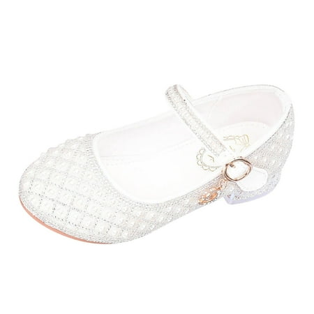 

Akiihool Little Girls Sandals Heels Low Wedge Pumps with Pearls Rhinestone for Flower Girl Princess White 28