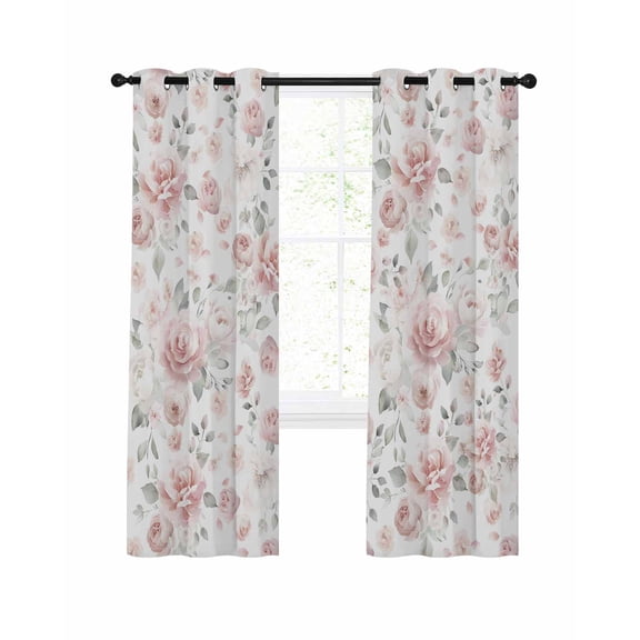 Light Pink Flowers Blackout Curtains for Bedroom Living Room, Gray Leaf Spring Floral Farm Plant 84 In Long Thermal Insulated Room Darkening Drapes Grommet Window Treatments, 52 x 84 In