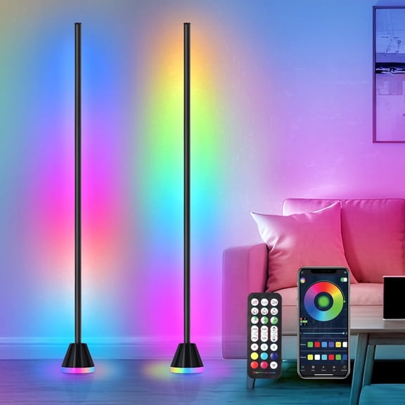 OUTON 2 Pack Smart RGB LED Corner Floor Lamp, Modern Standing Lamps with APP & Remote Control, 16 Million Colors 2000LM Bright Ambient Lighting, Music Sync for Living Room Bedroom