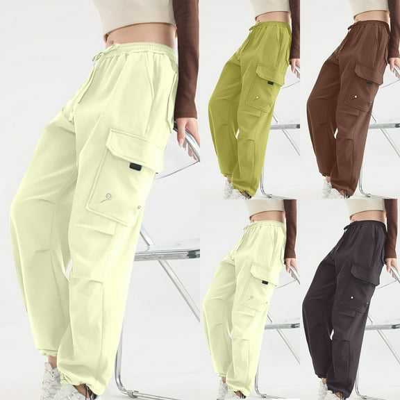 Bixock Summer Cargo Pants for Women High Waist Sweatpants Joggers Pants Casual Wide Leg Pants with Pockets Drawstring Breathable Outdoor Sports Travel Hiking Lightweight Wotkout Pants