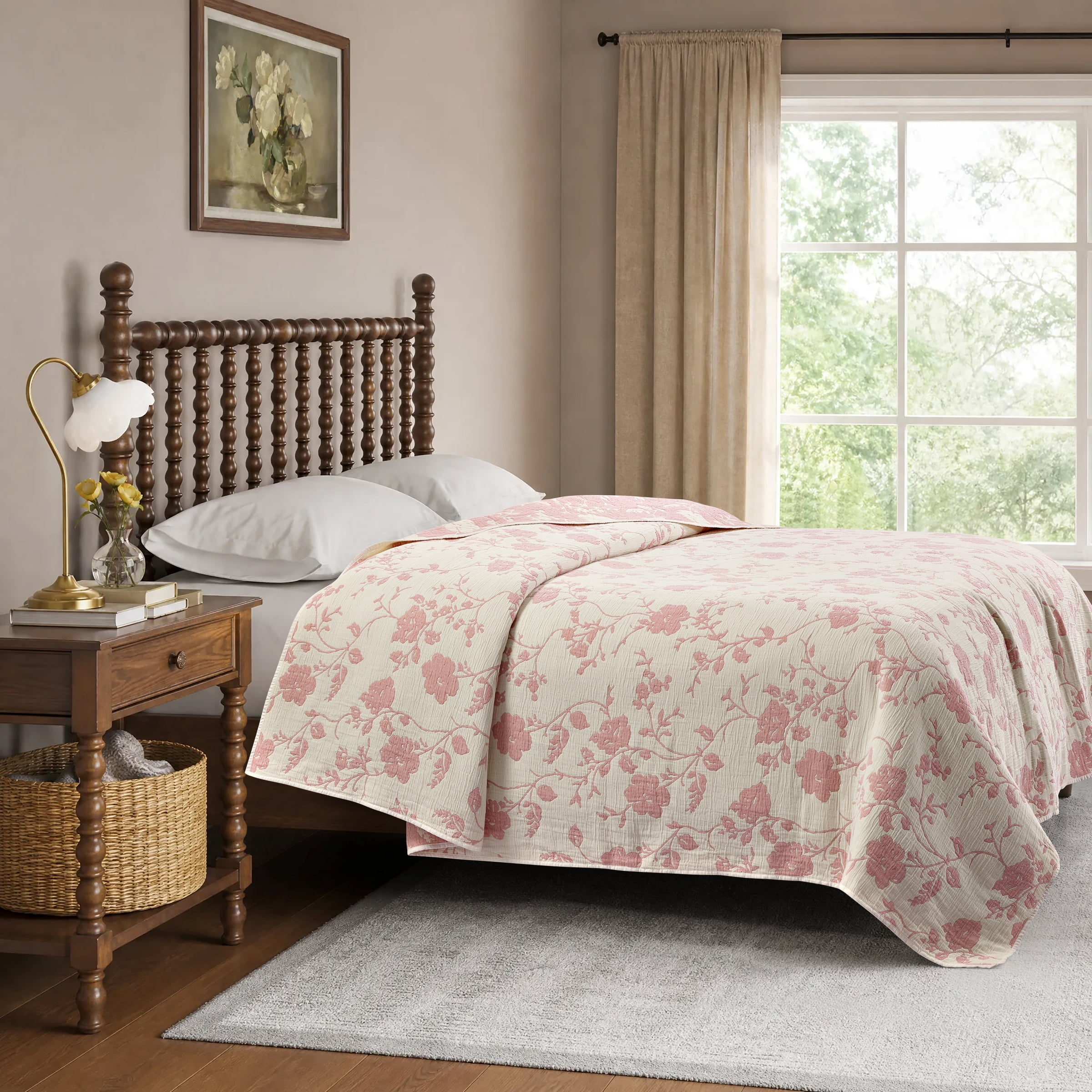 The Pioneer Woman Agatha Floral Gauze Quilt, King, Rose Herb Pink, Reversible Bedding