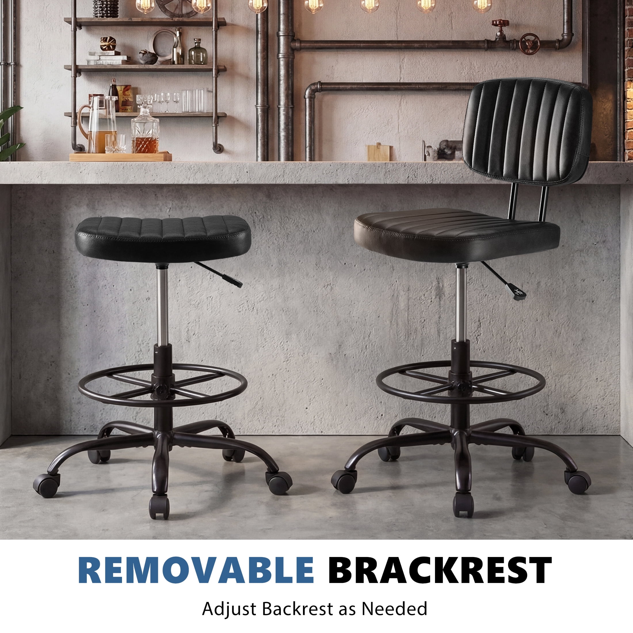 edx Adjustable Height & Foot Rest Office Desk Chairs with Backrest, PU Leather Modern Rolling Stool with Wheels 360°Swivel Task Chair for Home Office Bar Kitchen Shop(Black)