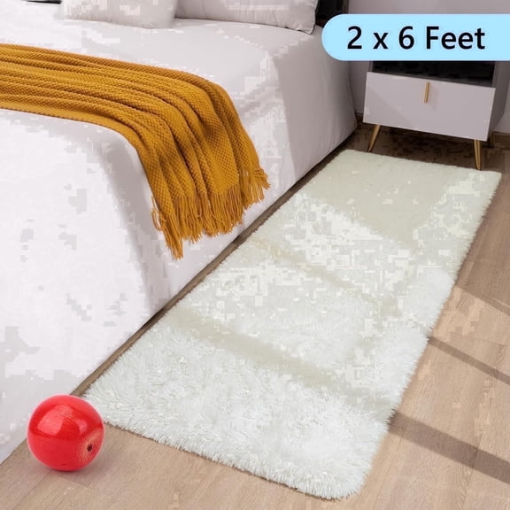 Tripumer Bedside Rugs Furry Area Rug 2 x 6 feet Thin Shaggy Indoor Floor Carpet Runner Rugs for Living Room Bedroom Home Decor White
