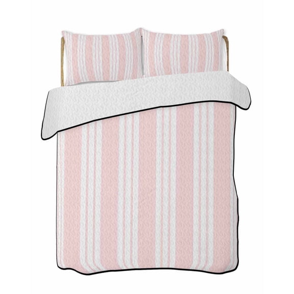 Quilts Queen Size Bedding Set, Striped Pink Lightweight Quilted Comforter, Farmhouse Line Stripes Classic Soft Reversible Bedspread Coverlet with Pillow Covers for All Season, 90" x 96"