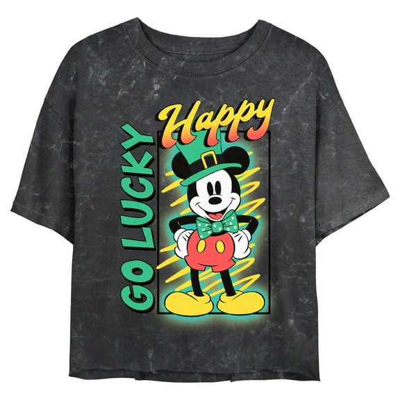 Junior's Mickey & Friends Happy Go Lucky Neon Pose Graphic Crop T-Shirt