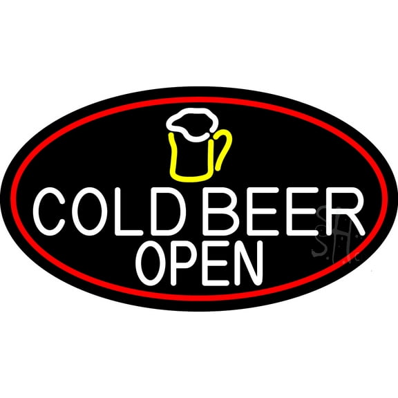 White Cold Beer Open And Mug In Between Oval With Red Border LED Neon Sign 20 x 37 - inches, Clear Edge Cut Acrylic Backing, with Dimmer - Bright and Premium built indoor LED Neon Sign for Bar decor.