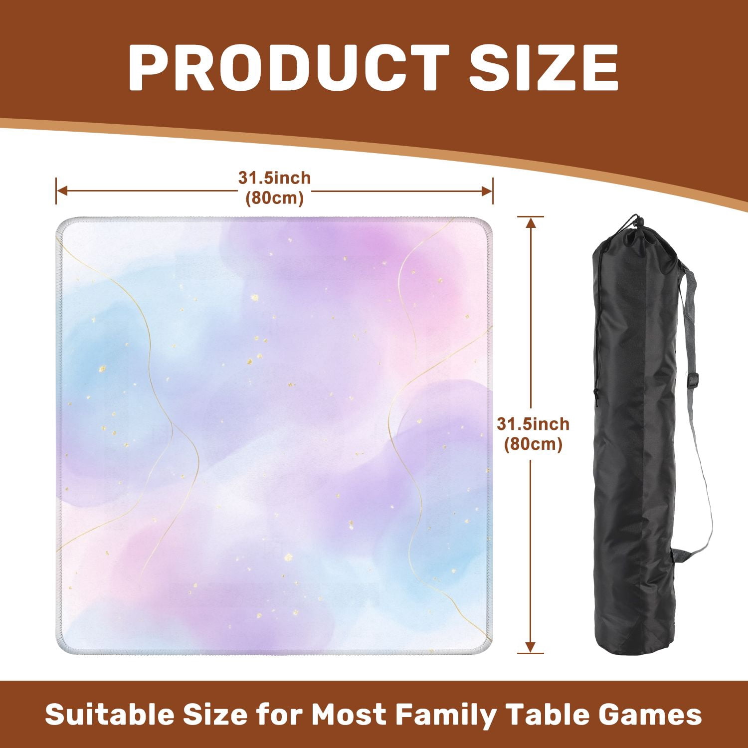 Mahjong Mat 31.5" x 31.5" Violet cyan blue liquid watercolor golden stains Teal mauve purple Non-Slip Noise Reduction American Mahjong Tiles Table Cover for Dominoes Poker Card Board Games Gift