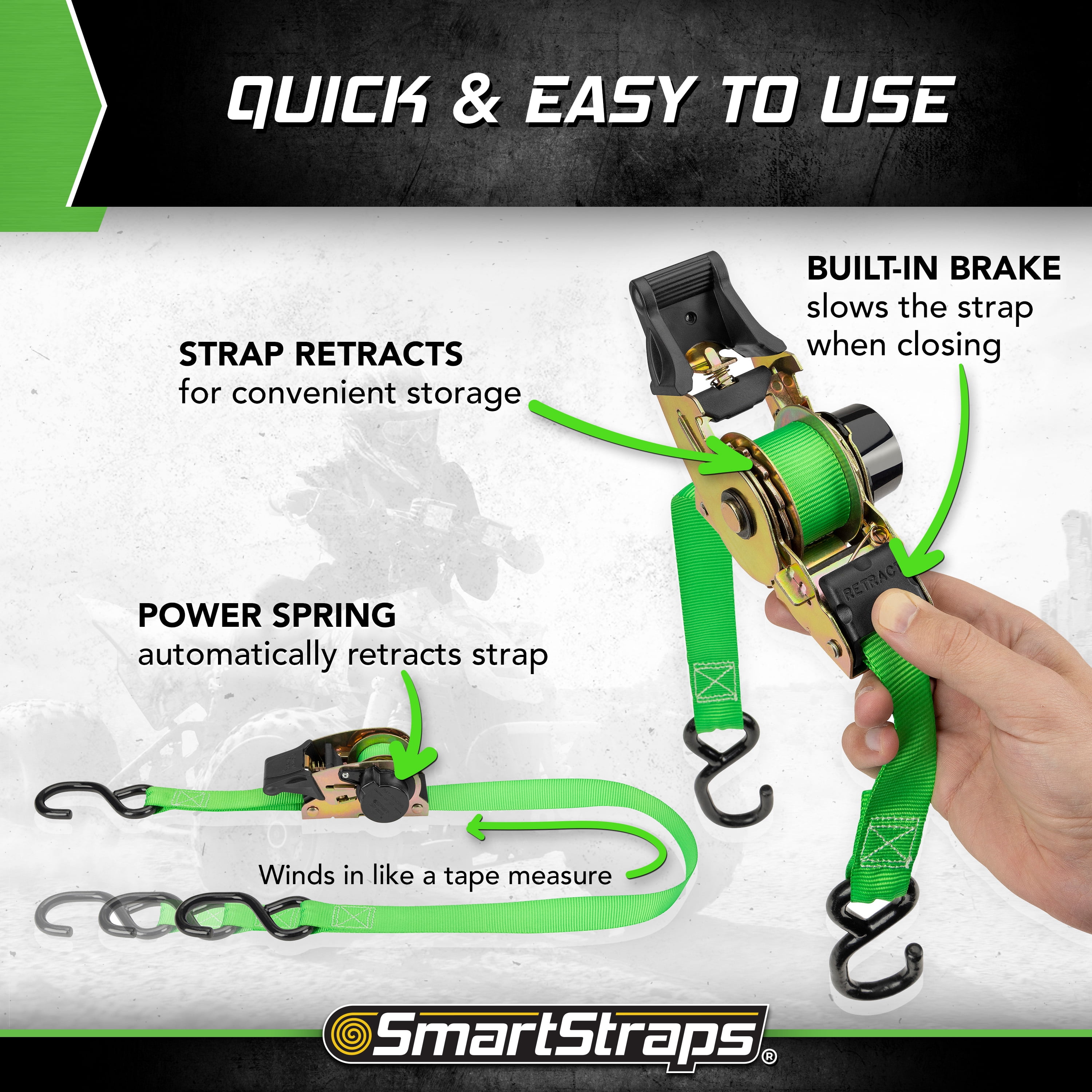 SmartStraps Retractable Ratchet Tie Down Straps, 1" x 6 ft, 500 lb Safe Work Load, 1,500 lb Break Strength, Green, 4-Pack