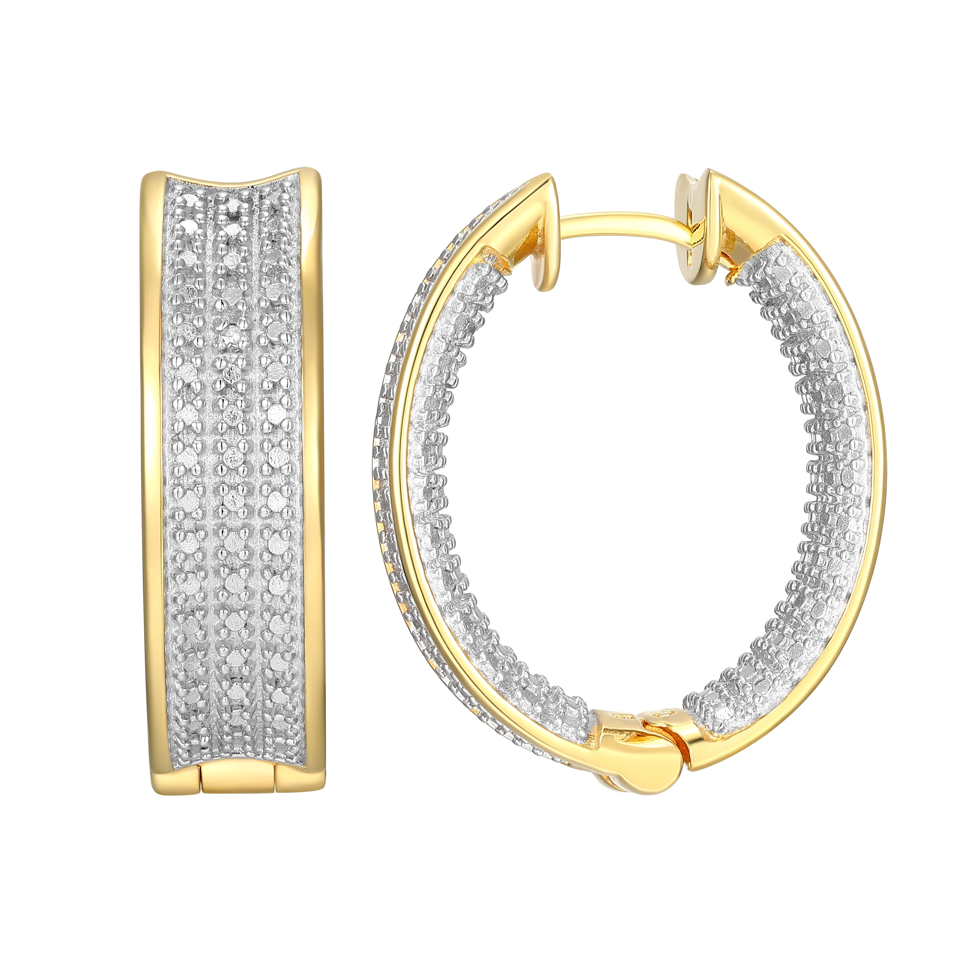 Forever Facets Diamond Accent Wide Hinged Hoop Earrings in 18k Yellow Gold and Rhodium over Sterling Silver, Adult Female