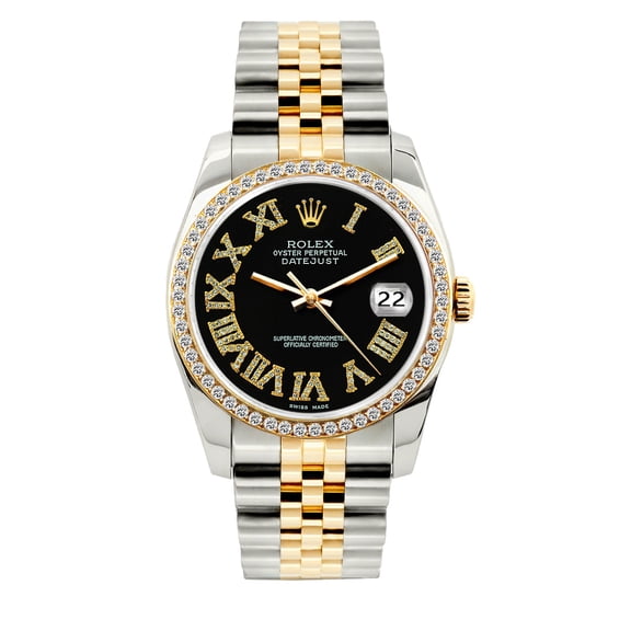 Pre-Owned Rolex Datejust 36mm Black Roman Dial Two-Tone Bracelet Watch With Diamond Bezel