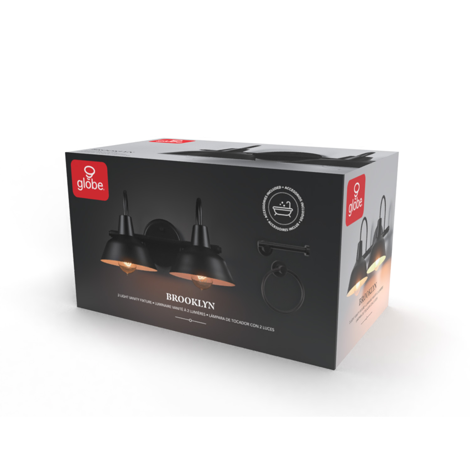 Globe Electric Modern 3-Piece Matte Black Bathroom Set with Hardwired 2-Light LED Vanity Light
