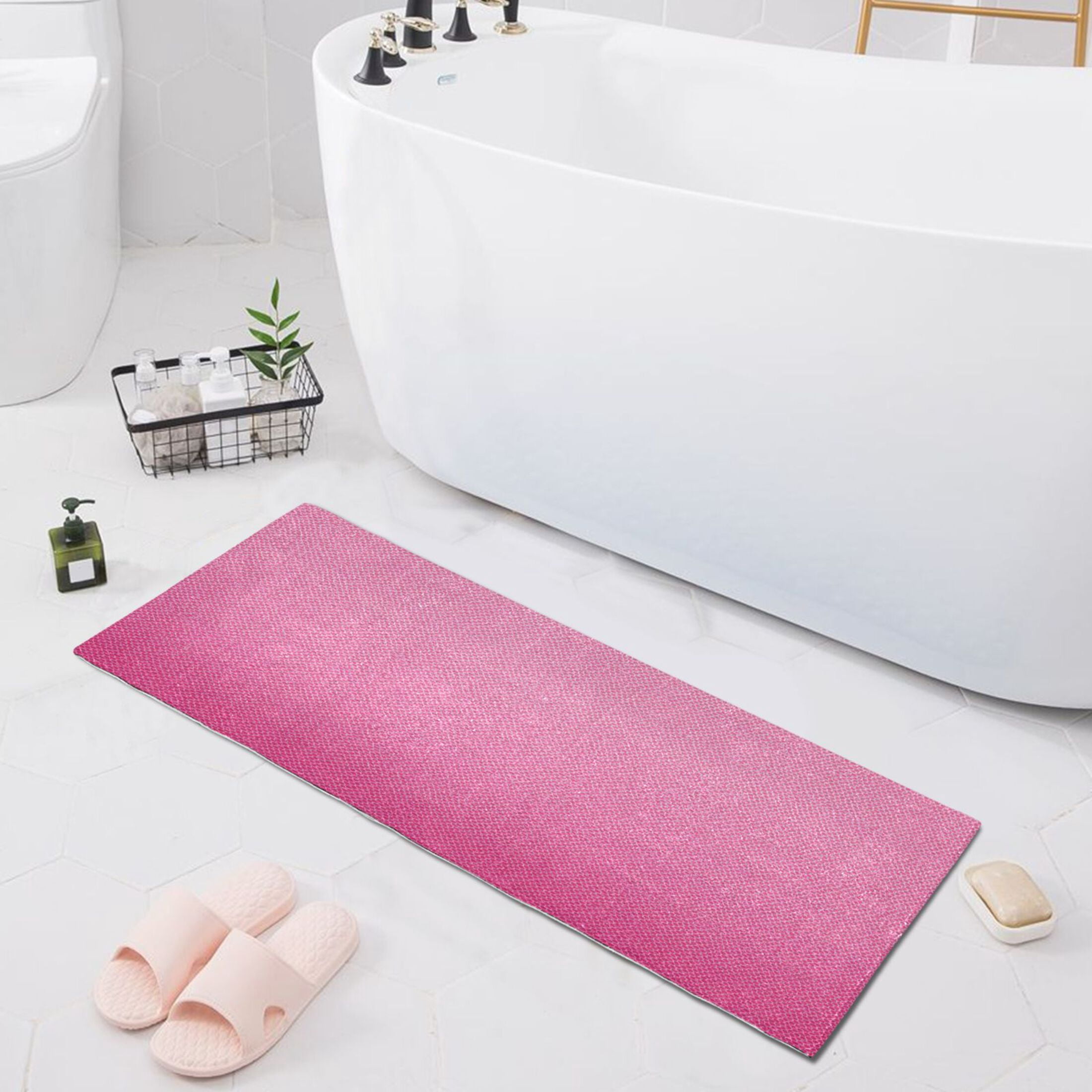 Gradient Pink Fabric Texture Plush Carpet Non Slip Runner Rug Absorbent Bath Mat 39" x 20"