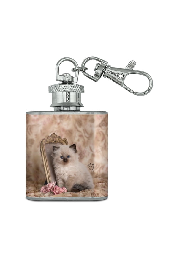 Ragdoll Tiffany Cat Kitten Victorian Roses Stainless Steel 1oz Mini Flask Key Chain