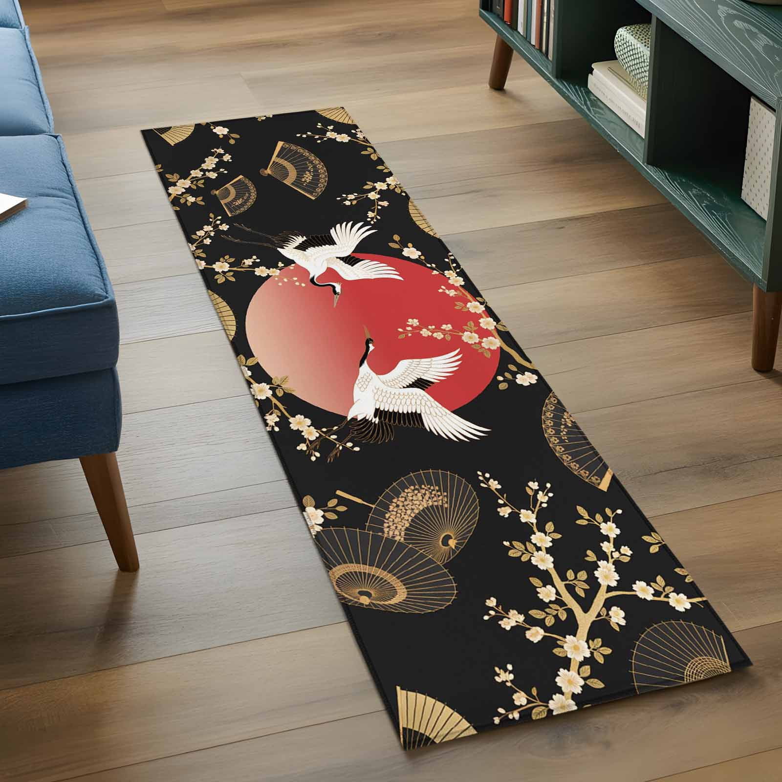 Area Rug 2x6ft Cherry Blossom Crane Carpets Indoor Floor Area Mat Washable Entrance Mat Rugs for Living Room Dining Room Kitchen Bedroom, Paper Fan Japanese Style Sofa Throw Carpet