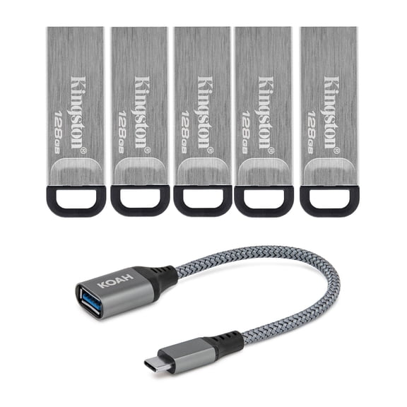 Kingston 128GB DataTraveler Kyson 200MBPS Read 60MBPS Write Speed Flash Drive (5-Pack) Bundle with USB-C Adapter (2 Items)