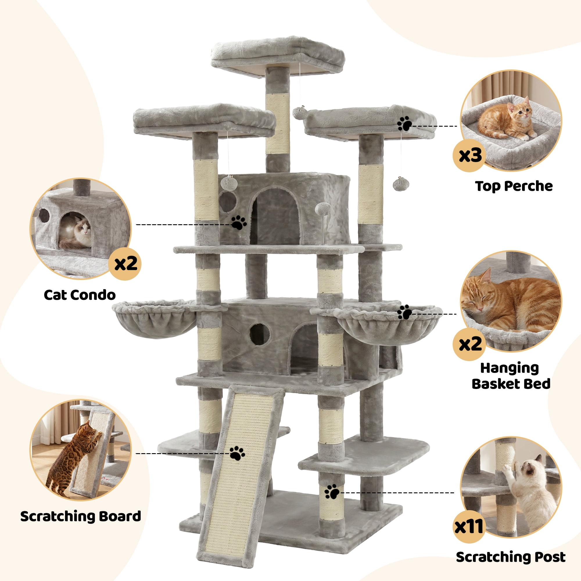 FOOWIN 70.8" Large Cat Tree, Multi-Level Cat Tower with Sisal Scratching Posts, Cat Activity Center Cat Play House, Gray