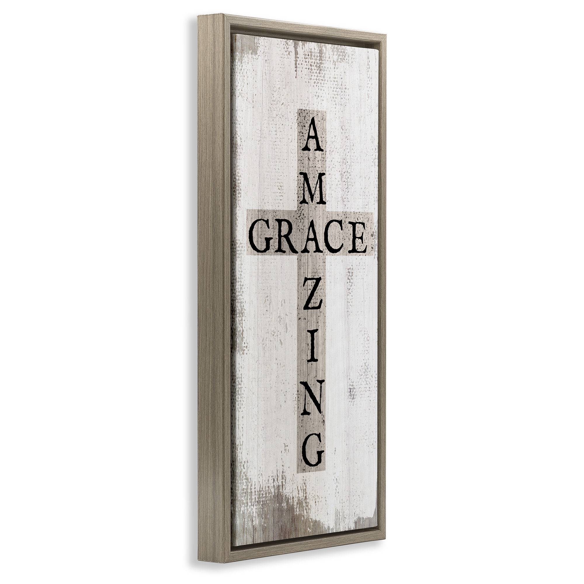 Stupell Industries Amazing Grace Rustic Cross Typography Painting Brown Floater Framed Canvas Art Print Wall Art, 11 x 25