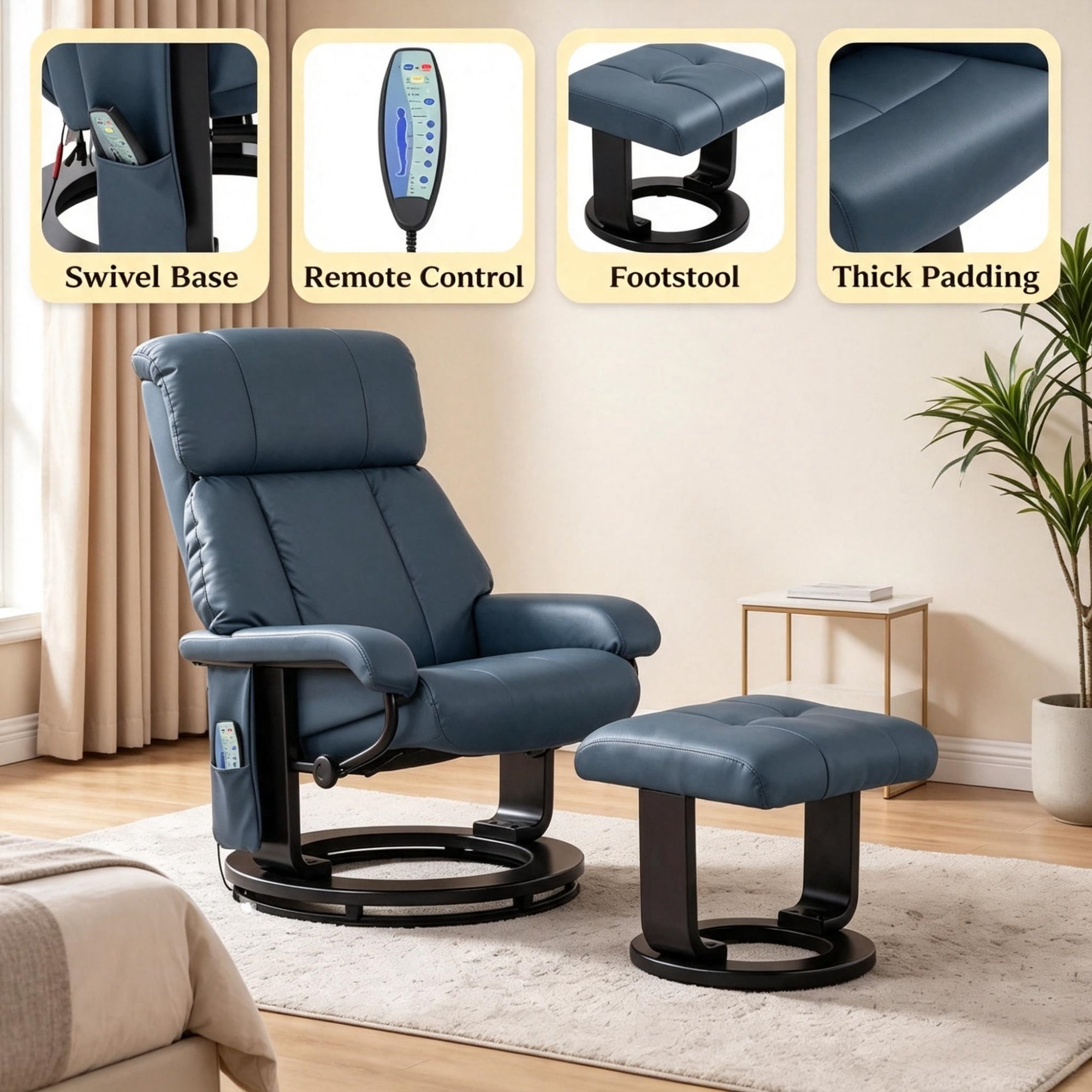360° Swivel Massage Recliner Chair, 10-Point Vibration Footstool for Living Room, Blue