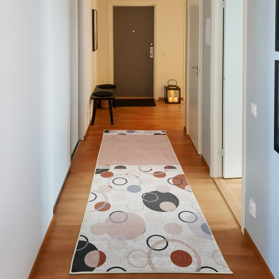 Abstract Decorative Rug, Circular Shaped Round Interlace Forms Retrospective Style Print Illustration, Quality Carpet for Bedroom Dorm and Living Room, 6 Sizes, Pale Salmon, by Ambesonne