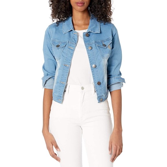 COVER GIRL Women's Jeans Denim Jacket Crop Frayed Blue Distressed Basic Faded Blue Size Medium (CGXJ-6288DBB)