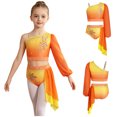 thumbnail image 3 of iiniim Girls Lyrical Dance Outfit One Shoulder Long Puff Sleeve Crop Top With Applique Asymmetrical Skirt Set Orange 10, 3 of 7