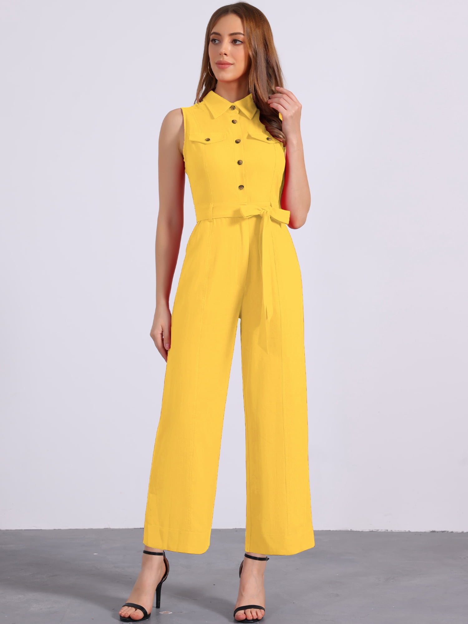 DARING DIVA Women's Wide Leg Jumpsuit Sleeveless Collared Tie Waist Coverall XL Golden
